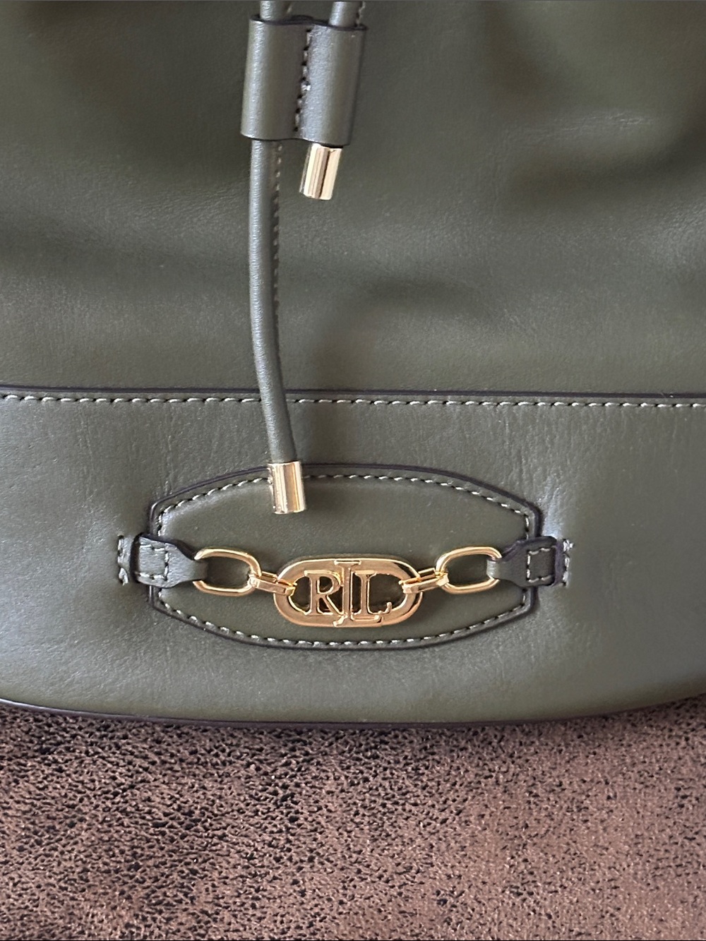 Lauren Ralph Lauren Green Leather Drawstring Bucket Shoulder Bag Gold Hardware - Picture 2 of 15
